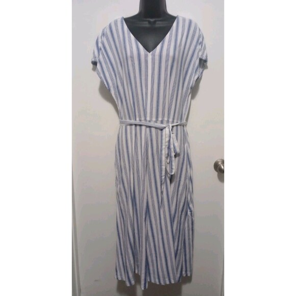 Croft & Barrow Fit & Flare Maxi Dress V-neck Pockets Belted Blue White Striped L - Picture 2 of 8